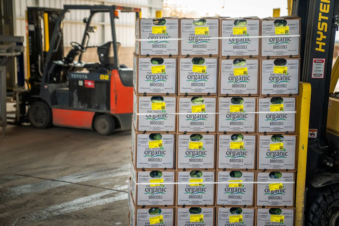 Palés de producto fresco preparados para la ruta comercial de una distribuidora de alimentación